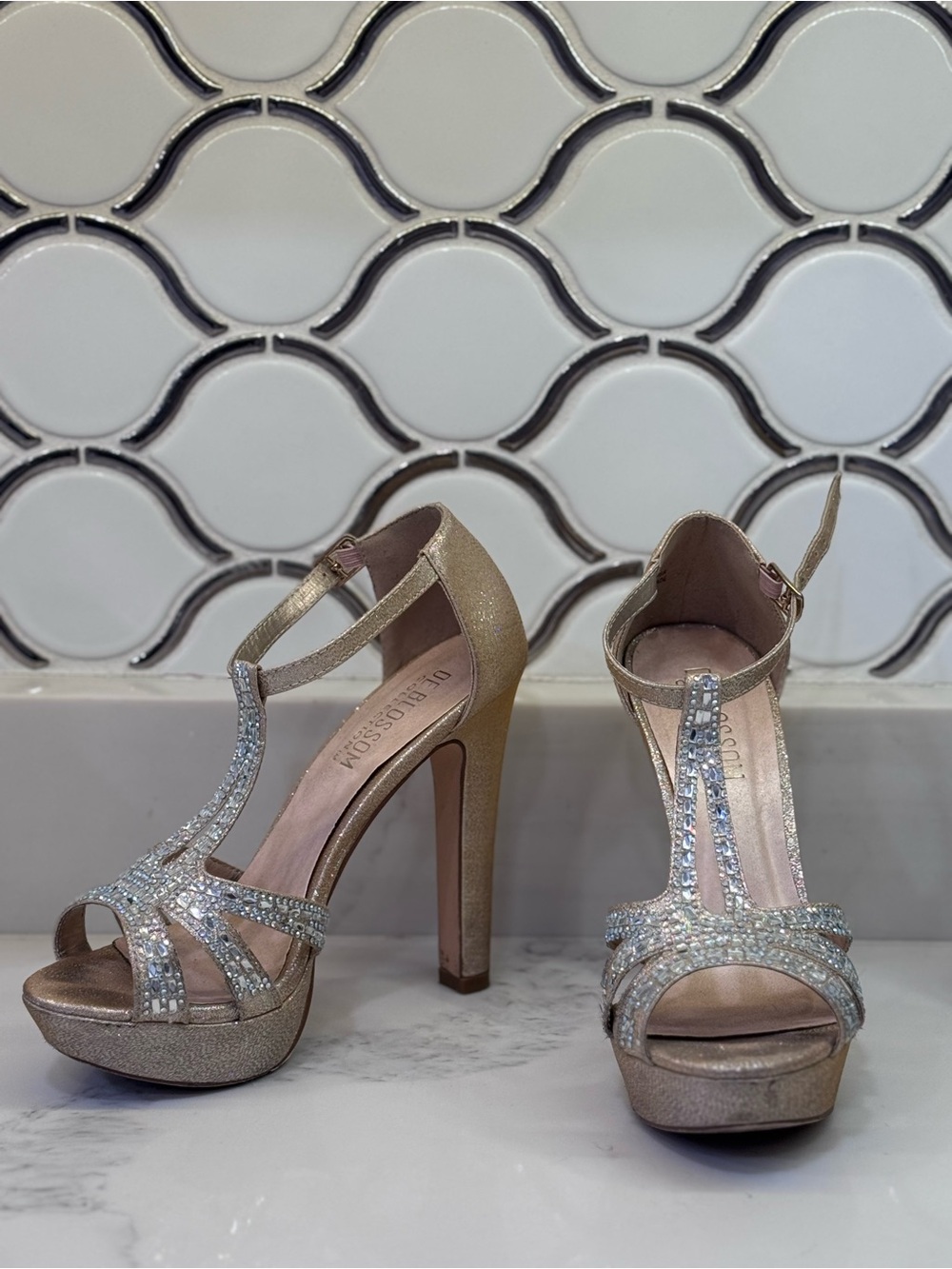 De Blossom Collection Rose Gold Jeweled T-Strap Platform Heels
